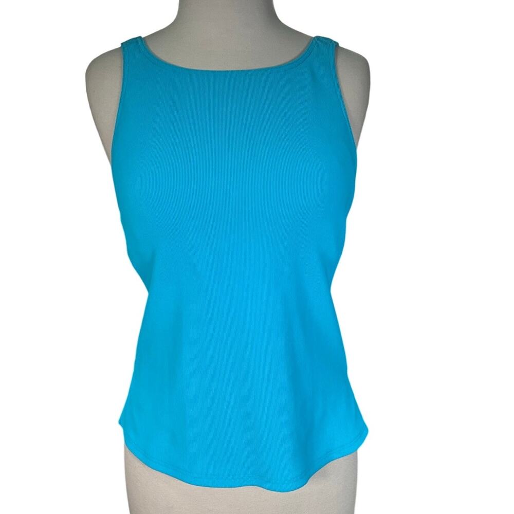 Lands’ End Tankini Top Women 12 Blue Aqua Built In Bra Molded Cups Swim Used